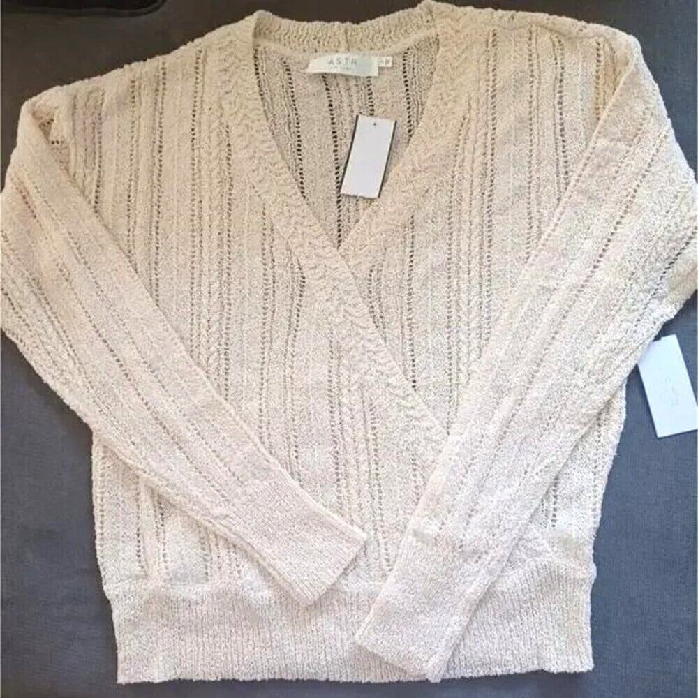 ASTR the Label Open Pointelle Lightweight Knit Wrap Sweater Cream L NWT - Picture 4 of 7